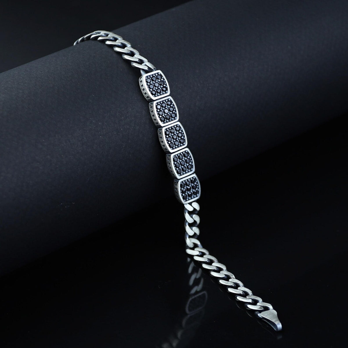 925 Sterling Silver Black Onyx Cuban Chain Bracelet Men Vintage Zircon Link