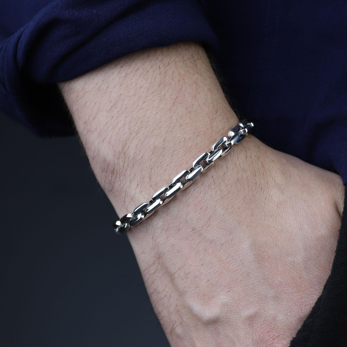 925 Sterling Silver Onyx Cable Chain Bracelet Men Handmade Anchor Link Biker