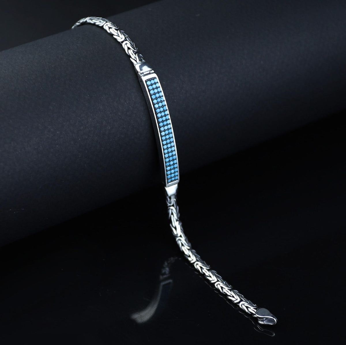 Men's 925 Sterling Silver Byzantine Bracelet Turquoise Gemstone Bali Chain