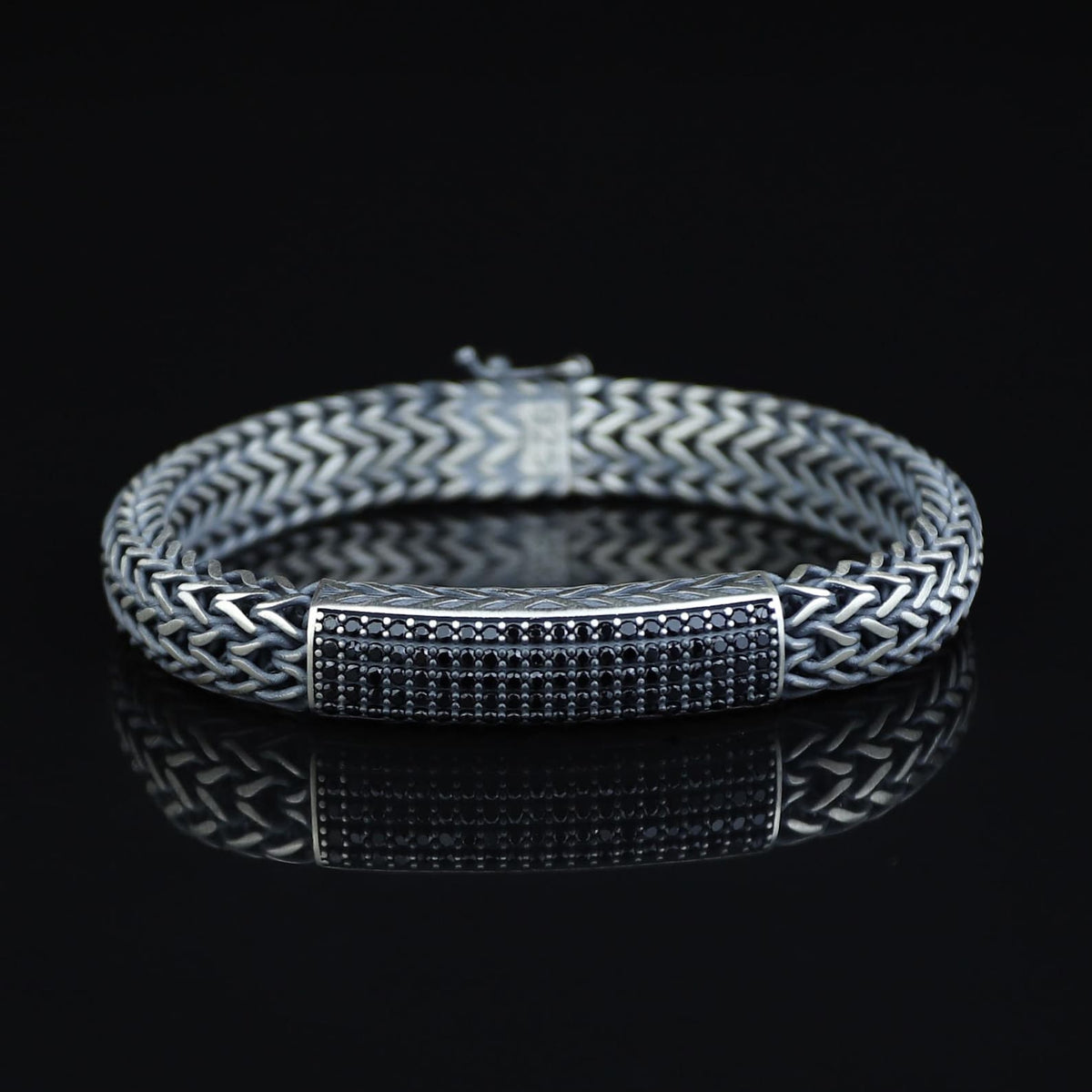 925 Silver Onyx Stone Foxtail 10mm Solid Silver Chain Bracelet