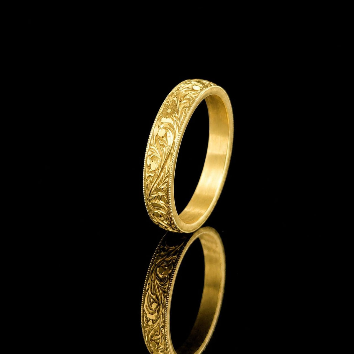 18K Gold Floral Engraved Wedding Band, Unisex Unique Floral Wedding Band Ring