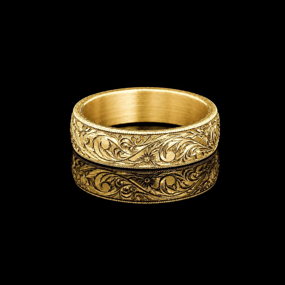18K Gold Floral Engraved Wedding Band, Unisex Unique Floral Wedding Band Ring