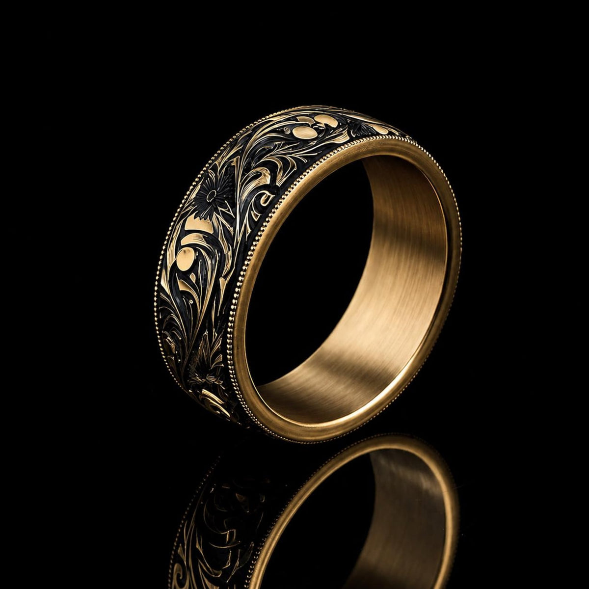 925 Hand Engraved Black Rhodium Band Ring, Men Floral Wedding Band, Men Engraved Band, Gold Detail Wedding Band