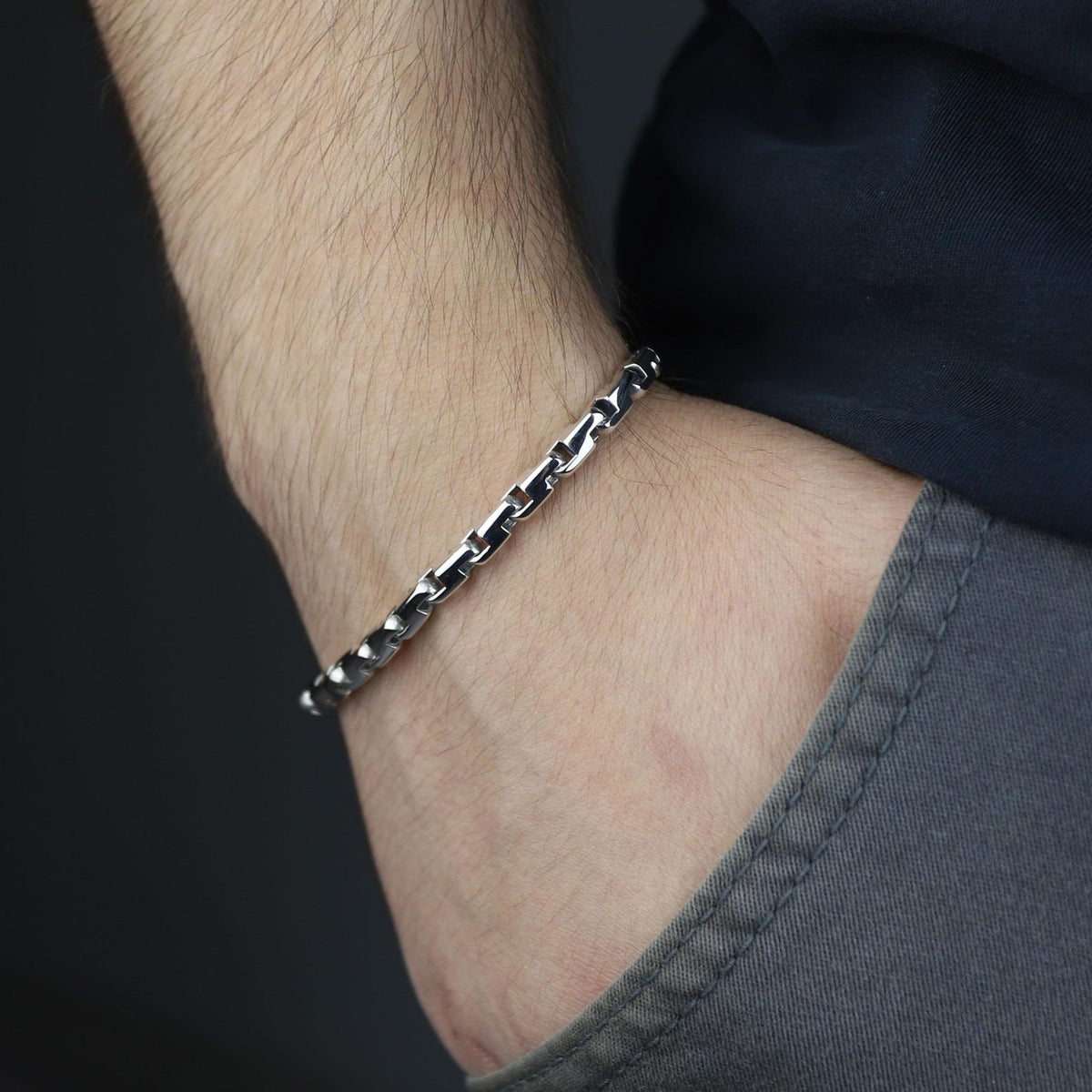 925 Silver Handmade Round Box Chain Men Elegant Chain Bracelet