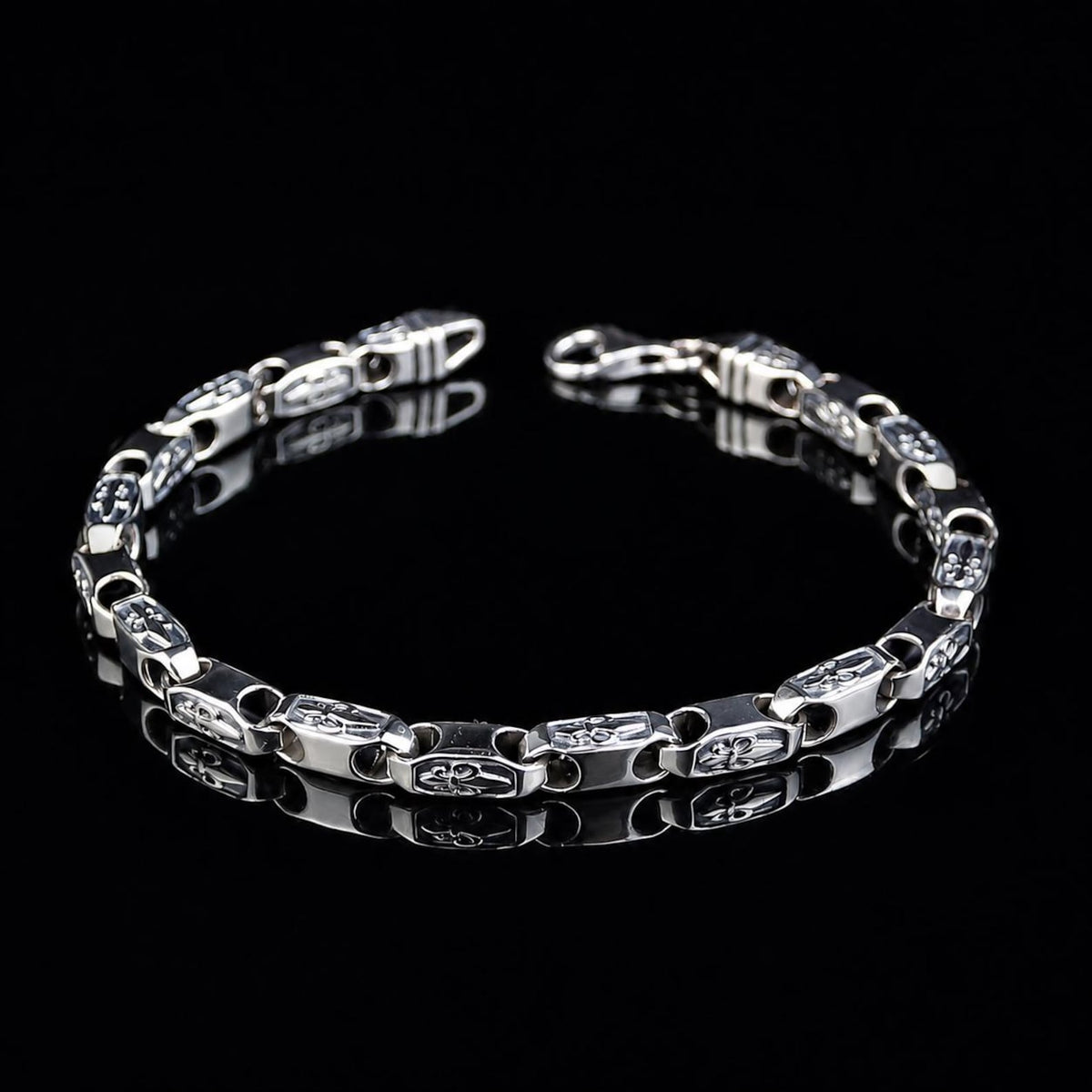 925 Men Silver Vintage Fleur-Fe-Lis Pattern Chain Engraved Chain Link Bracelet