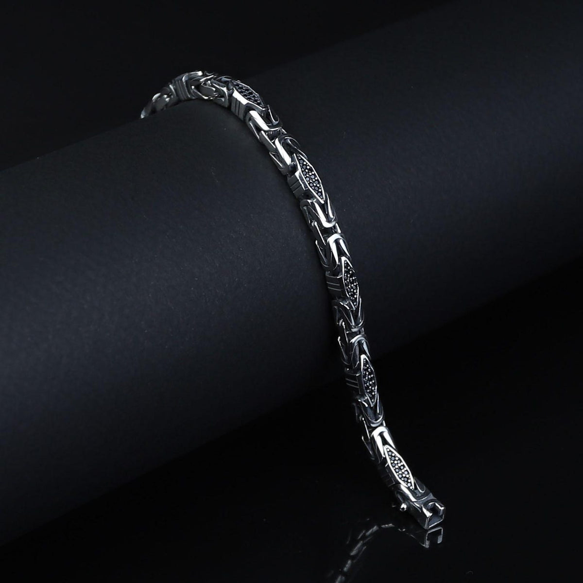 925 Black Onyx Stone King Chain Handmade 5MM Bali Byzantine Bracelet