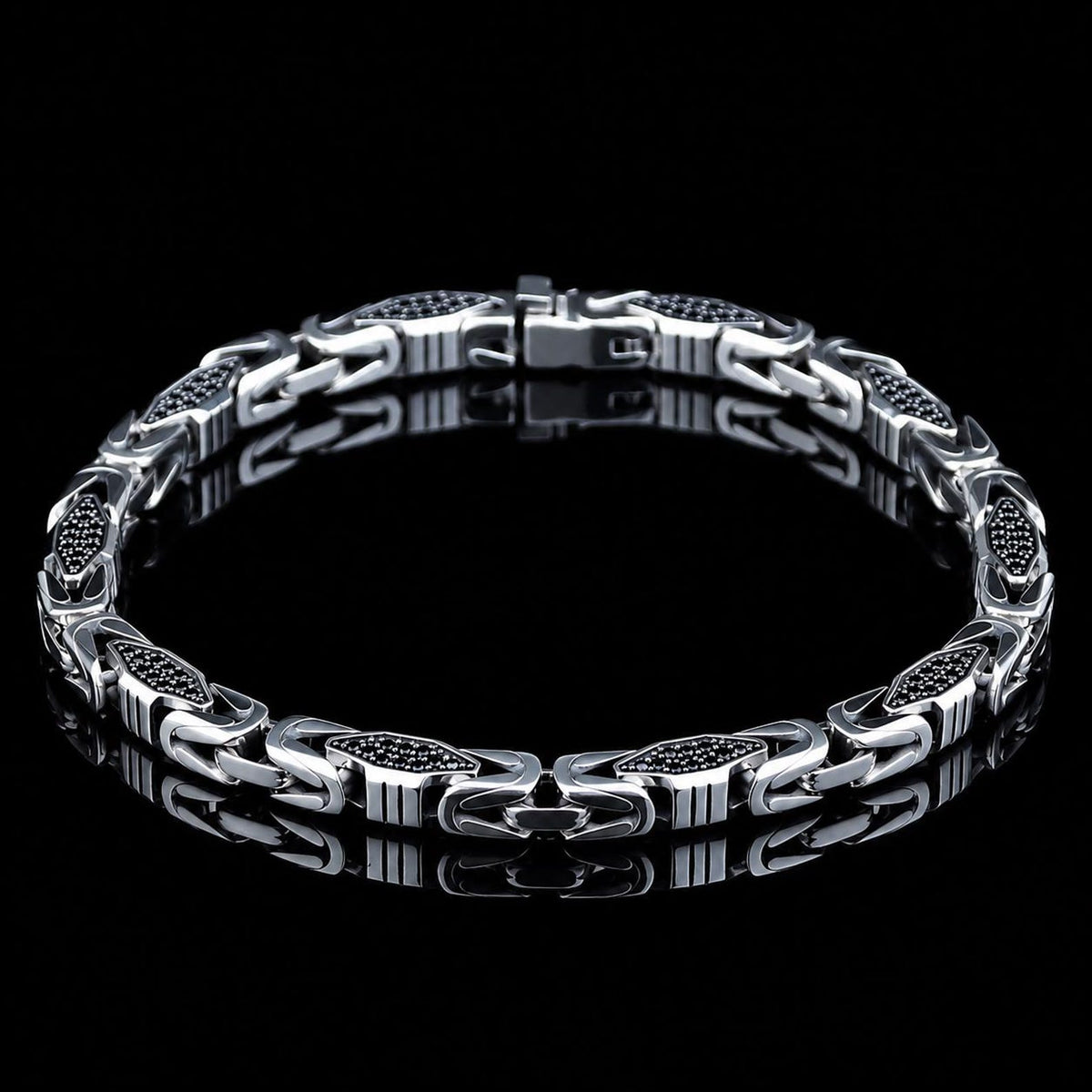 925 Black Onyx Stone King Chain Handmade 5MM Bali Byzantine Bracelet