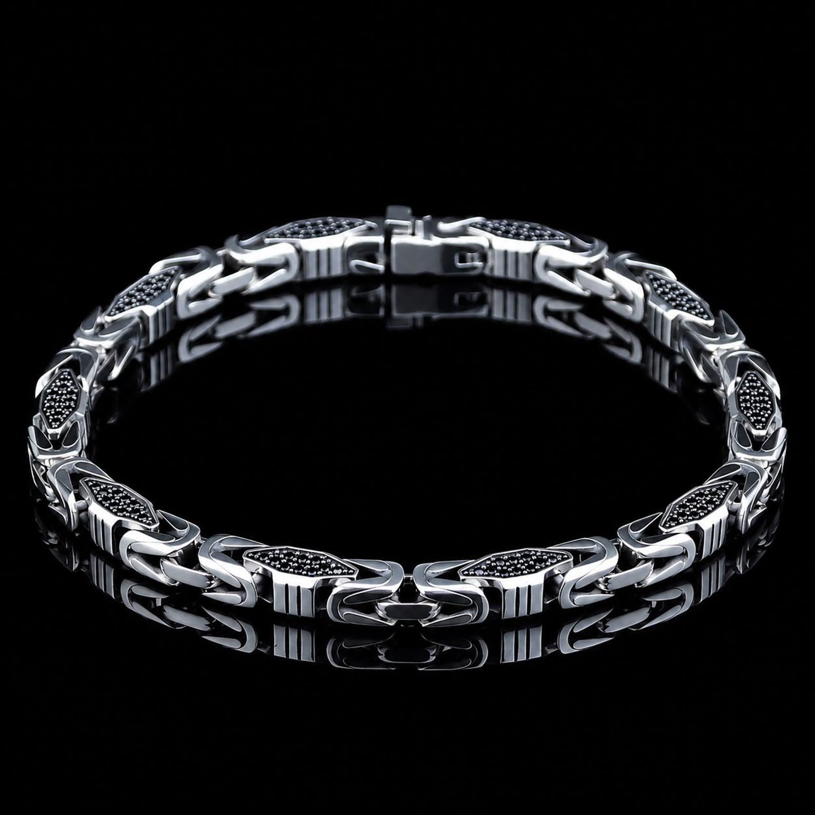 925 Black Onyx Stone King Chain Handmade 5MM Bali Byzantine Bracelet