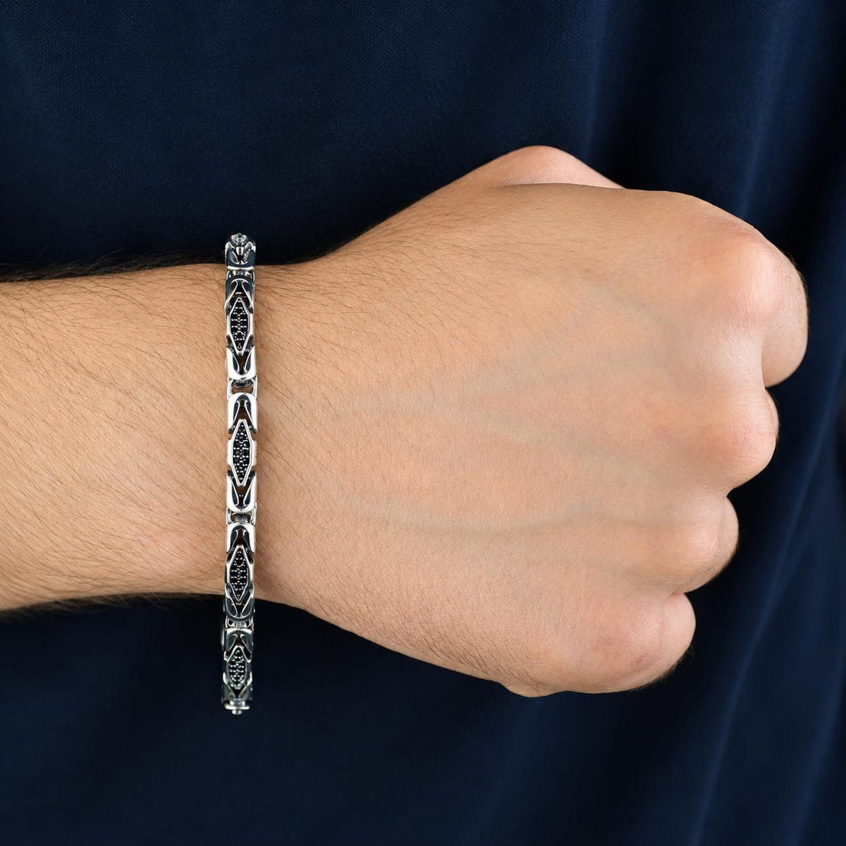 925 Black Onyx Stone King Chain Handmade 5MM Bali Byzantine Bracelet