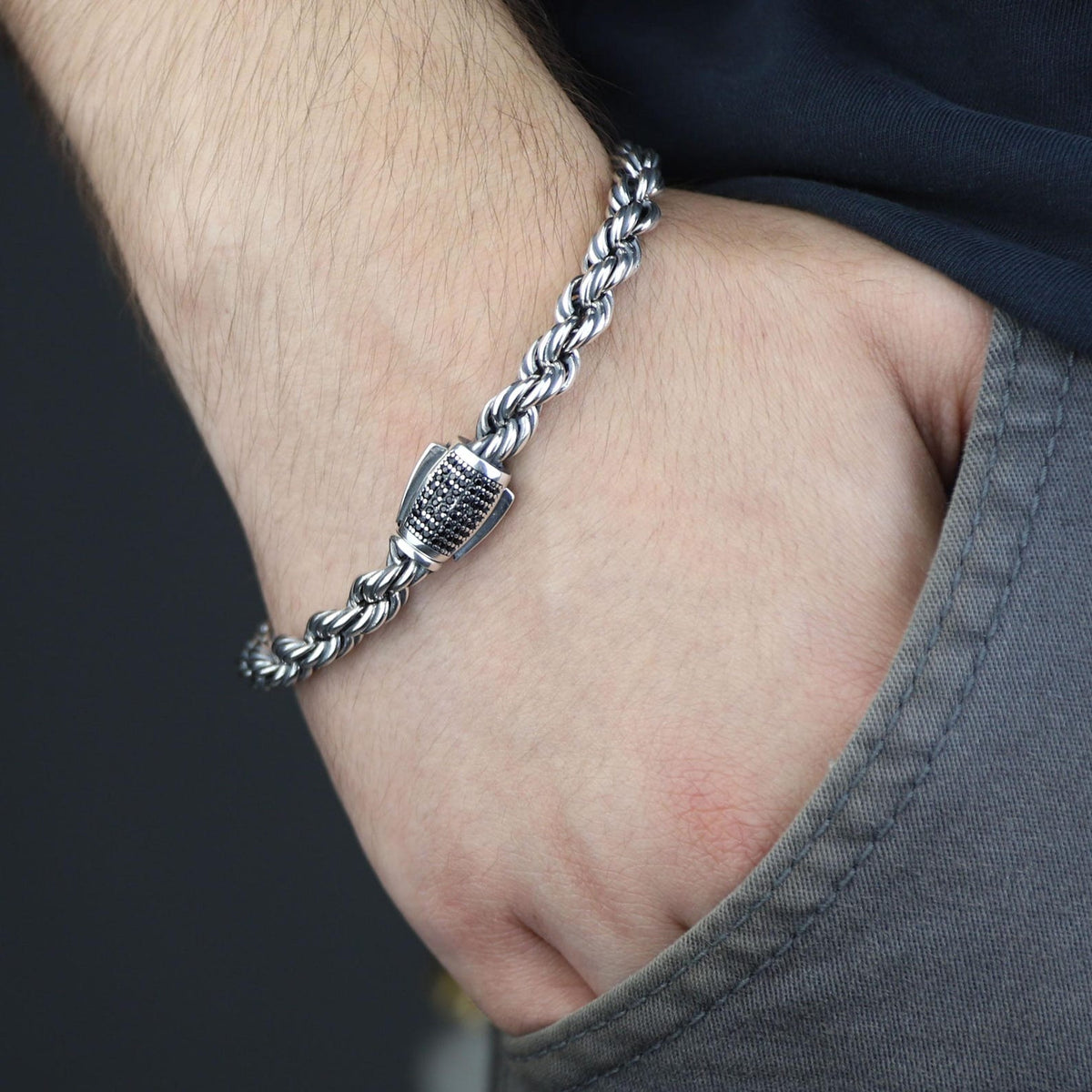 925 Sterling Silver Rope Chain Onyx Box Rope Chain Link Bracelet