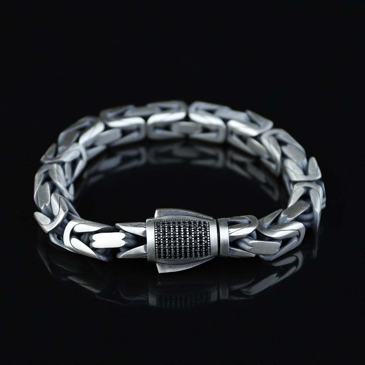 Men Silver Onyx Byzantine Chain Heavy 9MM King Chain Bracelet