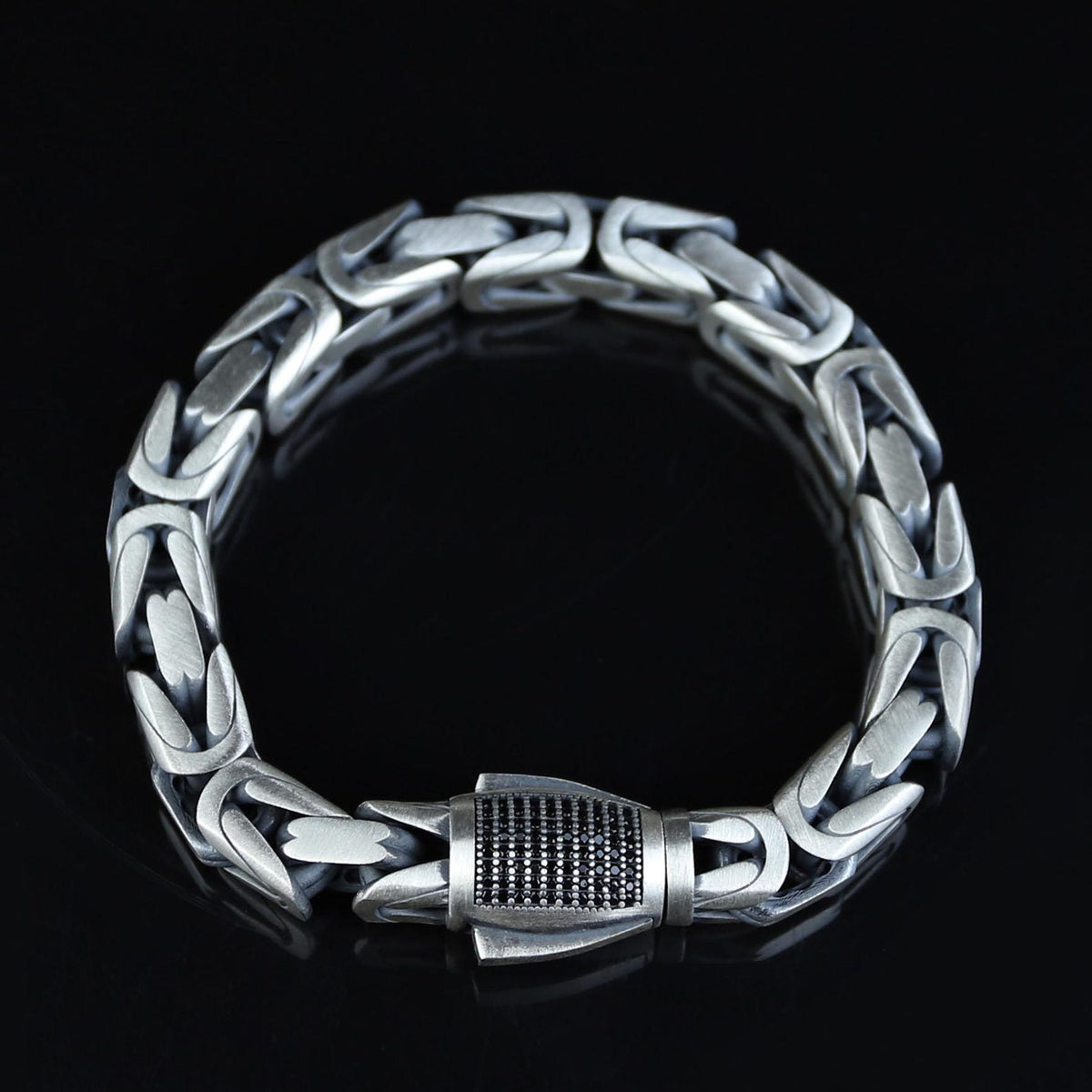 Men Silver Onyx Byzantine Chain Heavy 9MM King Chain Bracelet