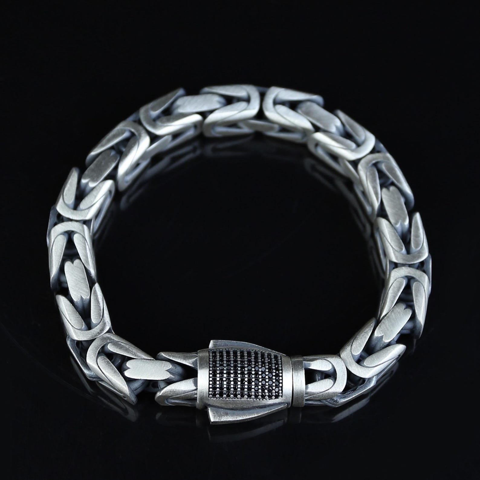 Men Silver Onyx Byzantine Chain Heavy 9MM King Chain Bracelet