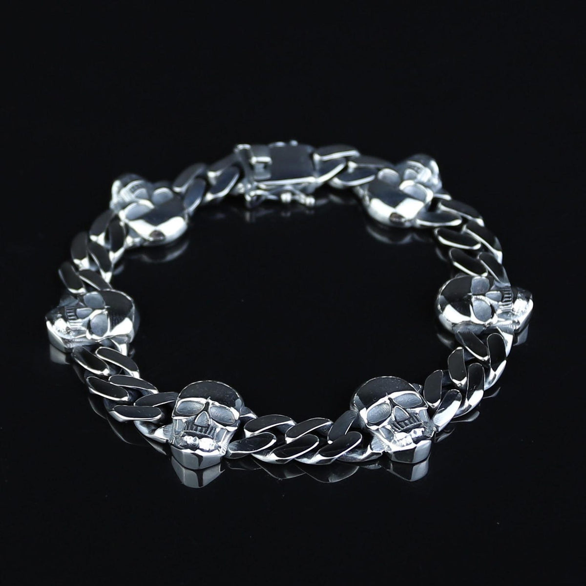 925 Solid Silver Skull Chain Gothic Biker Skull Head Link Bracelet