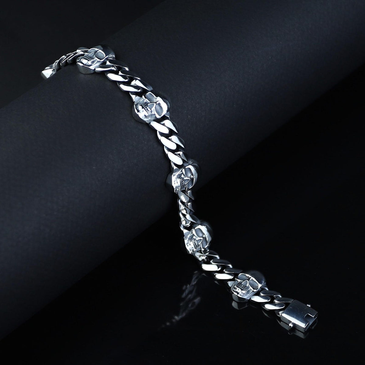 925 Solid Silver Skull Chain Gothic Biker Skull Head Link Bracelet