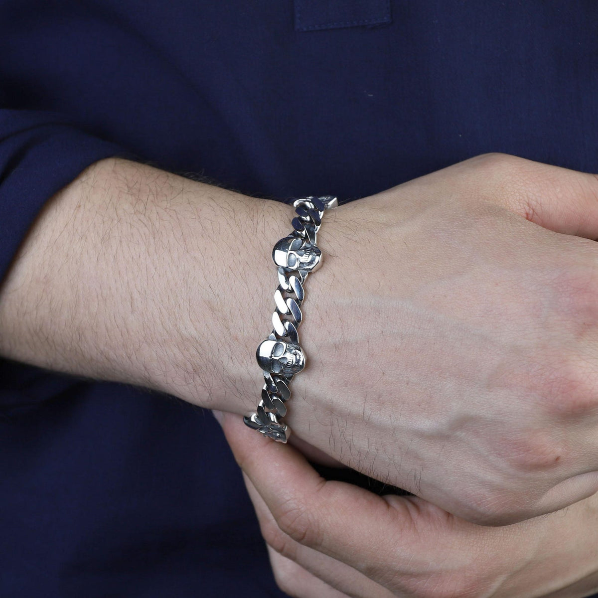 925 Solid Silver Skull Chain Gothic Biker Skull Head Link Bracelet