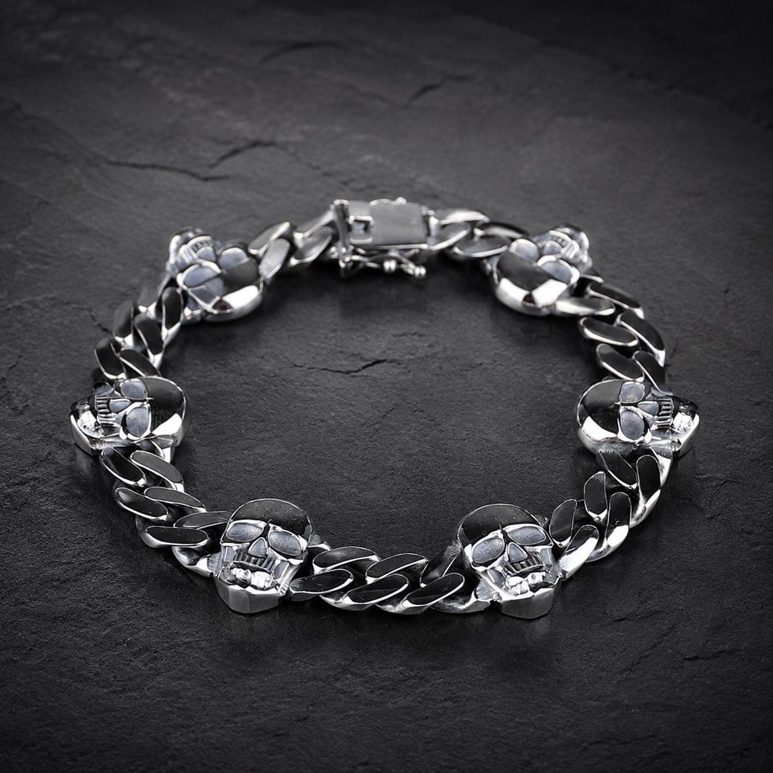 925 Solid Silver Skull Chain Gothic Biker Skull Head Link Bracelet