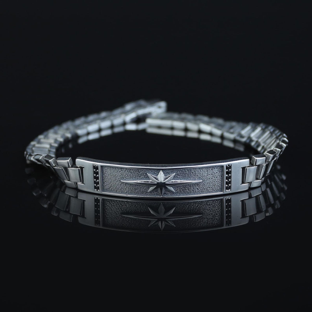 925 Sterling Silver North Star Bracelet Men Handmade Watch Chain Black Stone