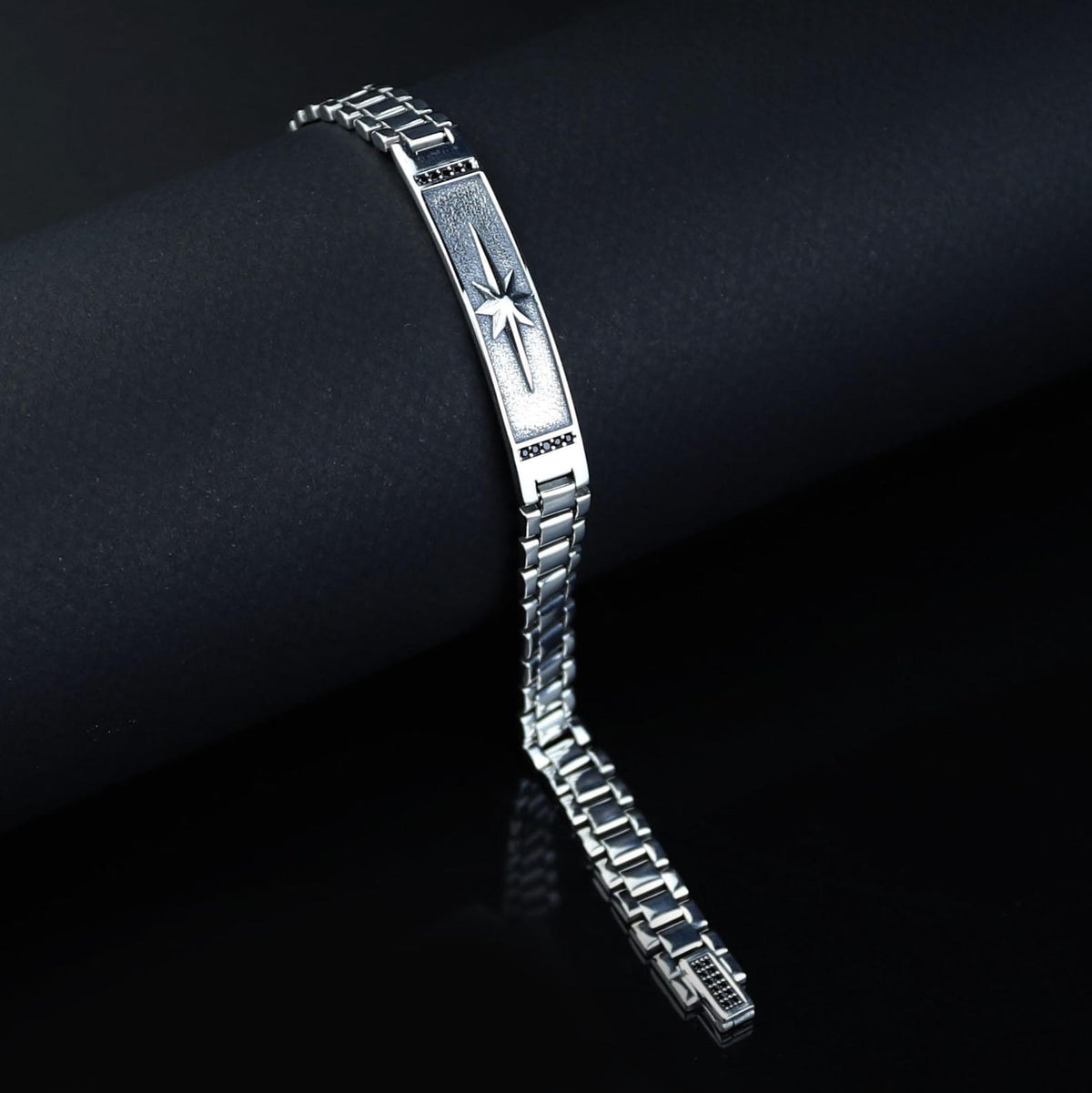 925 Sterling Silver North Star Bracelet Men Handmade Watch Chain Black Stone