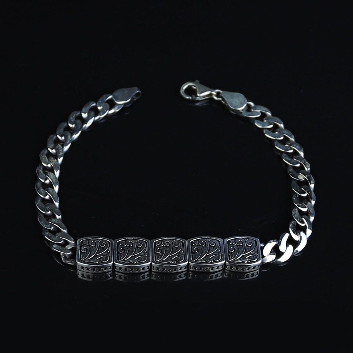 925 Sterling Silver Cuban Chain Bracelet Men Handmade Engraved Curb Link Gift
