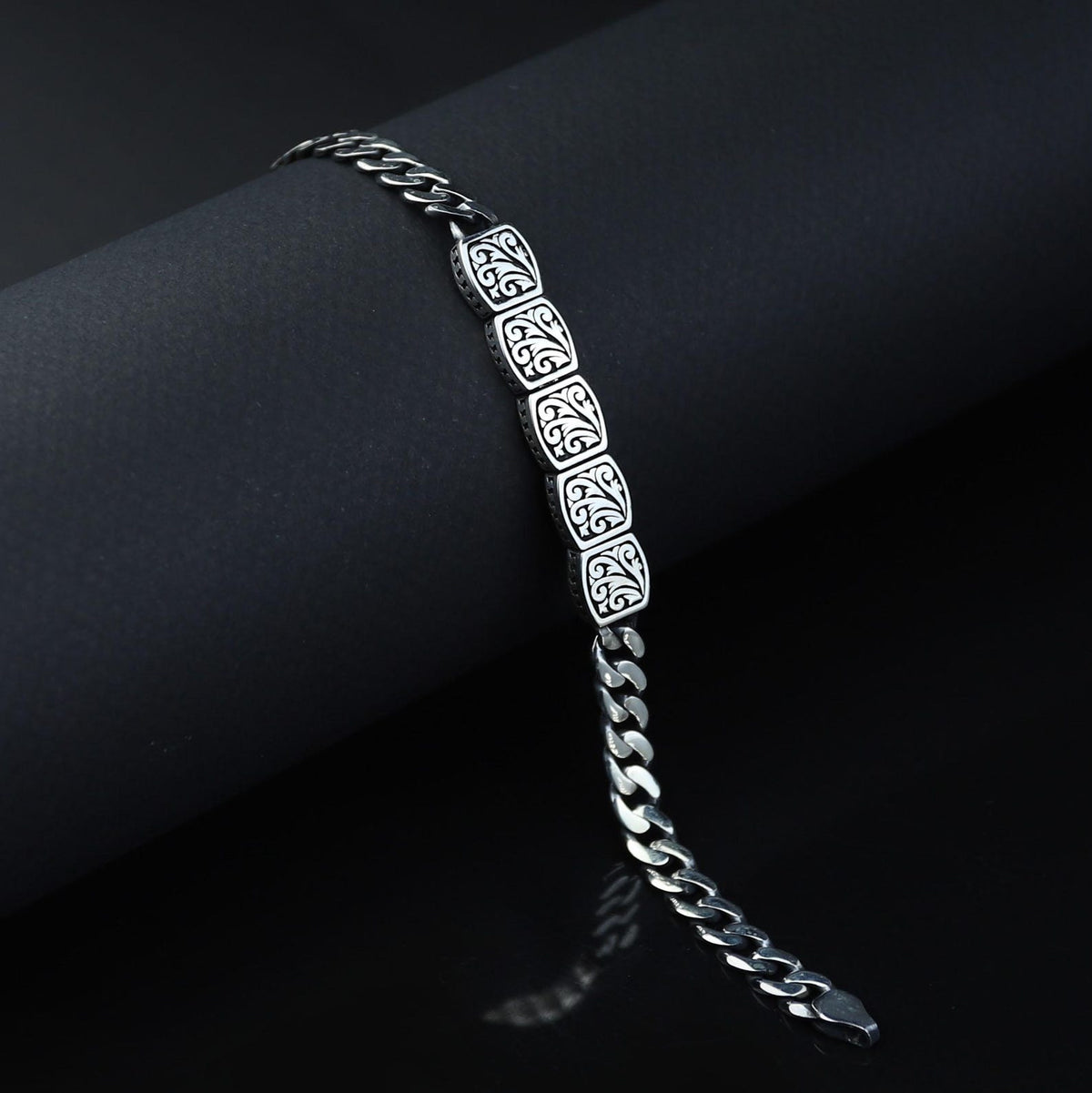 925 Sterling Silver Cuban Chain Bracelet Men Handmade Engraved Curb Link Gift