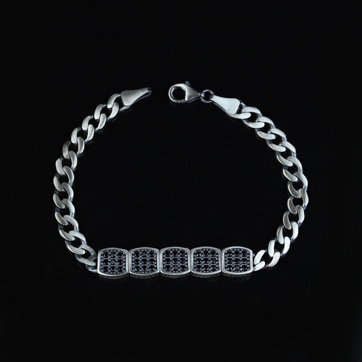 925 Sterling Silver Black Onyx Cuban Chain Bracelet Men Vintage Zircon Link