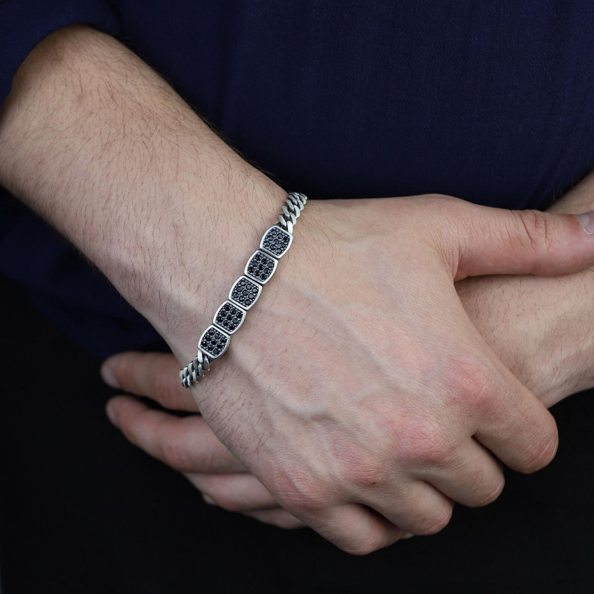 925 Sterling Silver Black Onyx Cuban Chain Bracelet Men Vintage Zircon Link