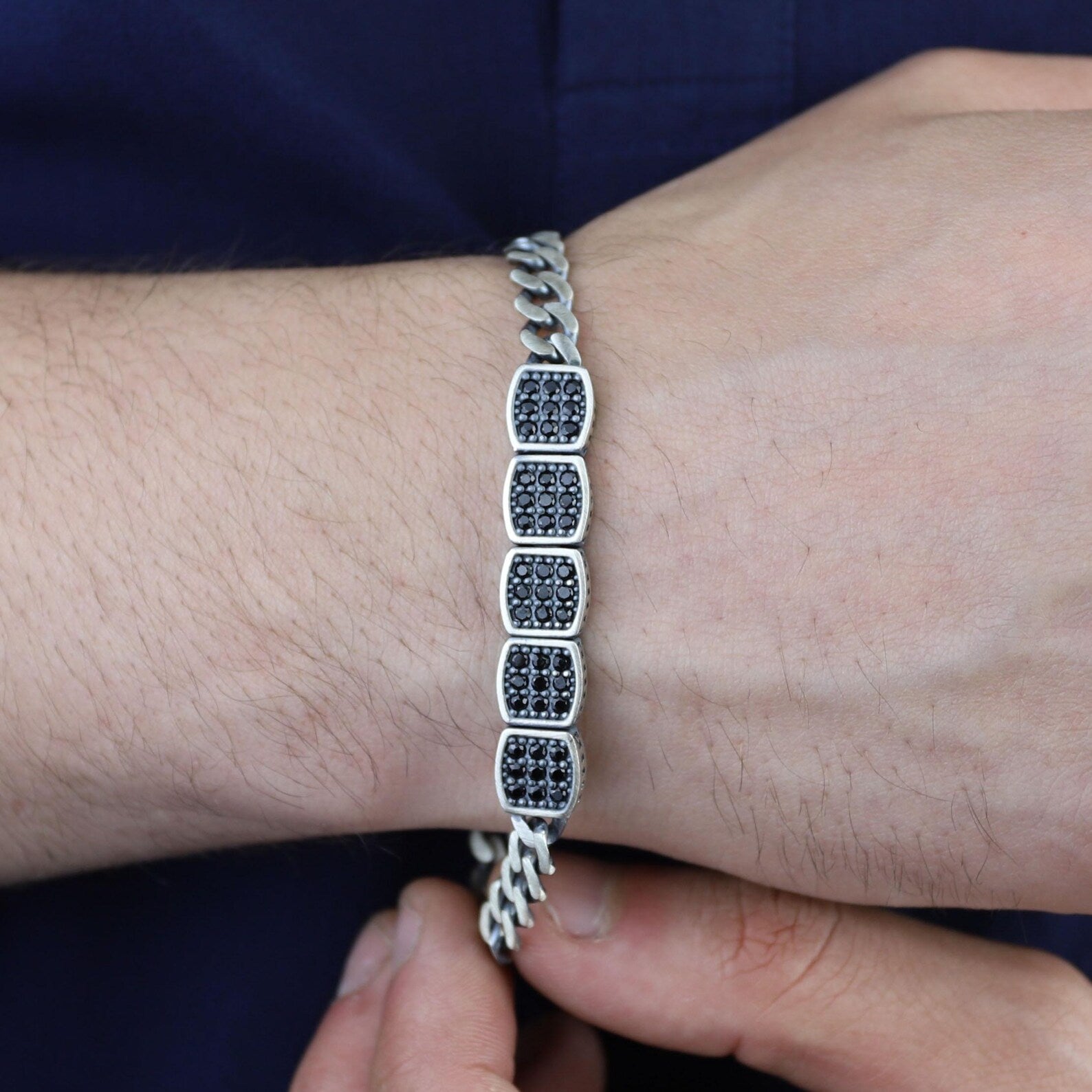 925 Sterling Silver Black Onyx Cuban Chain Bracelet Men Vintage Zircon Link