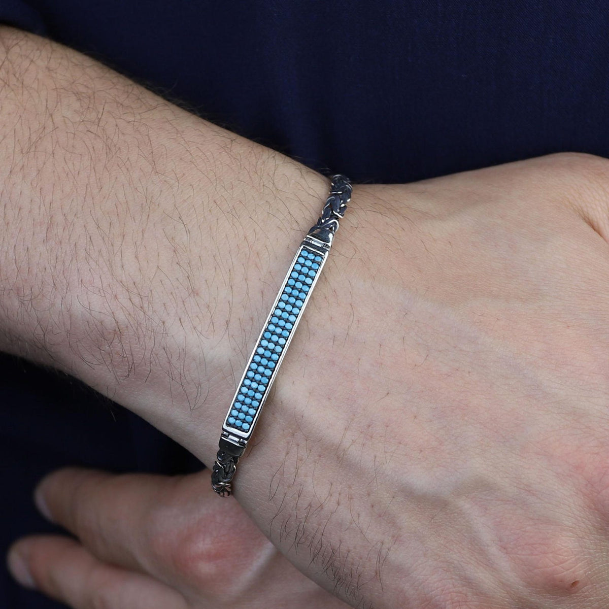 Men's 925 Sterling Silver Byzantine Bracelet Turquoise Gemstone Bali Chain