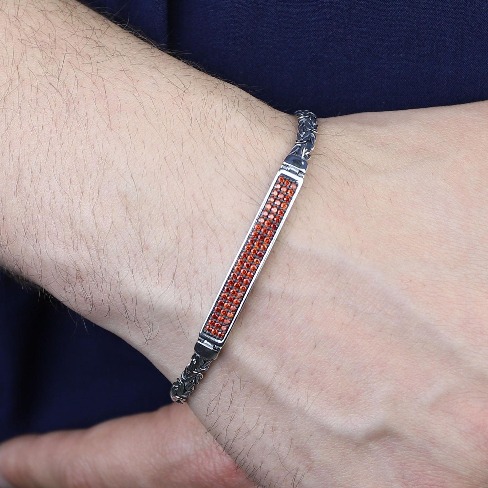 Men's 925 Sterling Silver Garnet Bracelet Byzantine King Chain Ruby Stone Bracelet