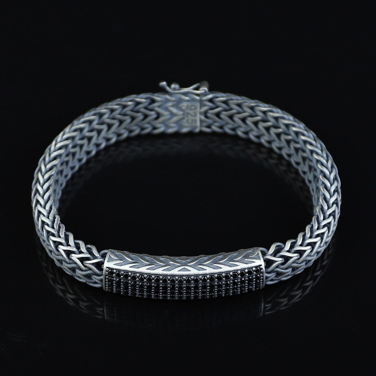 925 Silver Onyx Stone Foxtail 10mm Solid Silver Chain Bracelet
