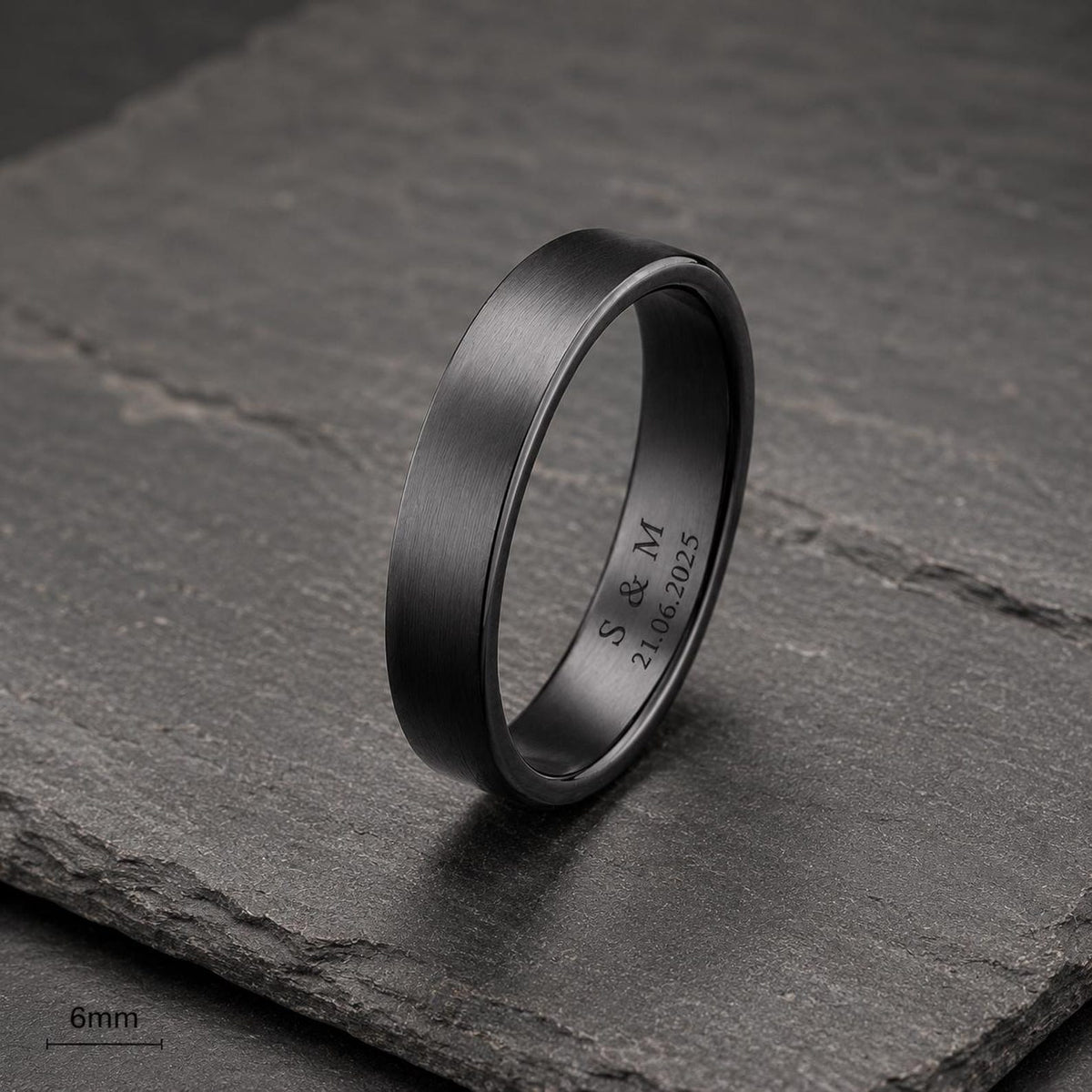 Silver 6mm Black Tungsten Band Ring, Silver Black Rhodium Classic Band Ring