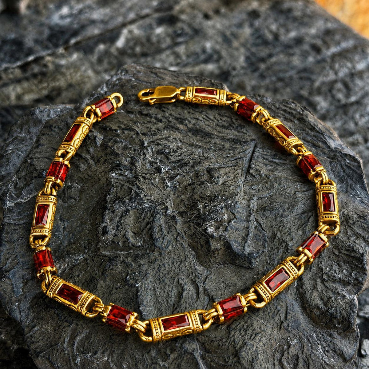 Gold Ruby Hand-Engraved Byzantine Silver Men Chain Bracelet