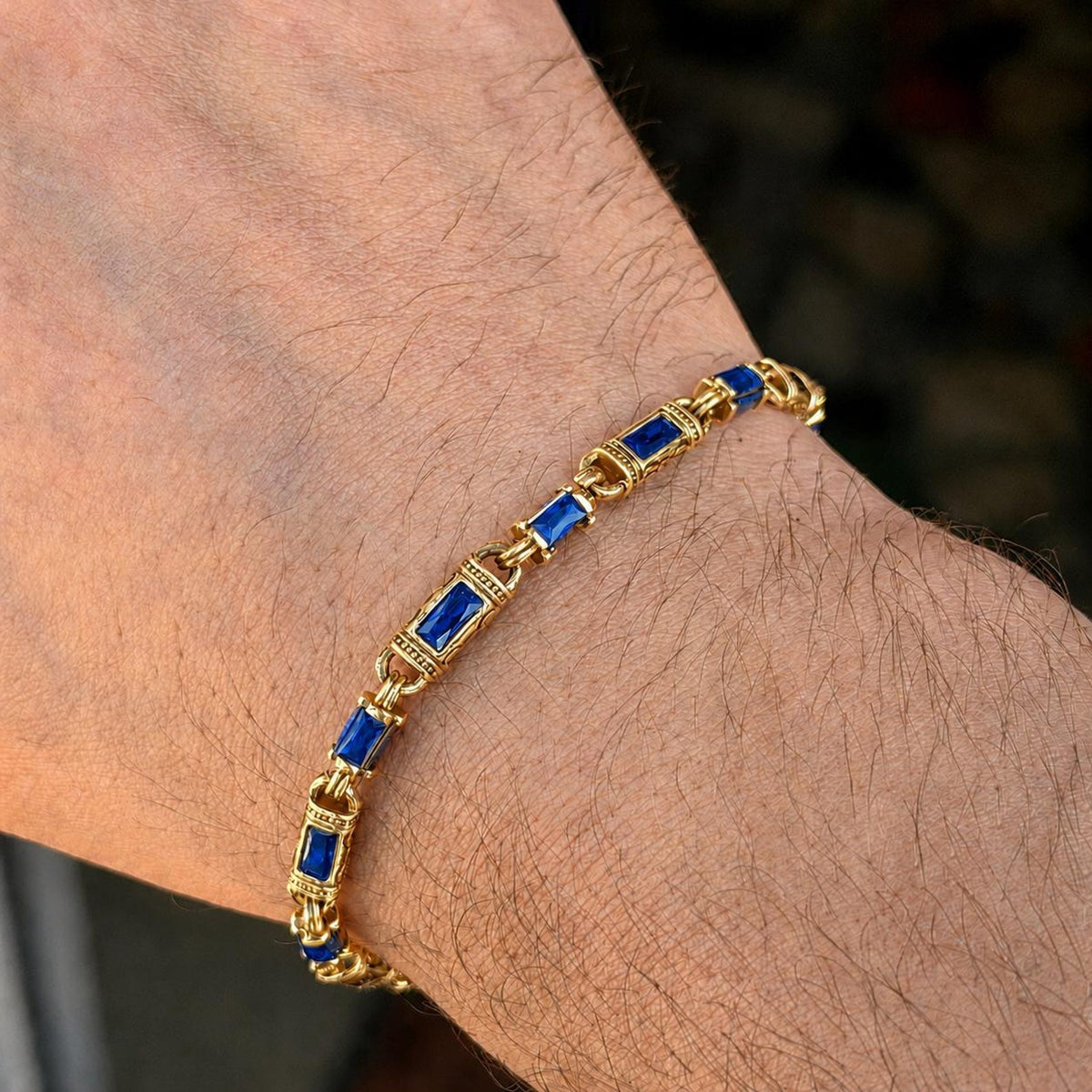Men Gold Sapphire Hand Engraved Bracelet,Men Blue Sapphire Link Bracelet