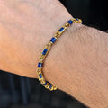 Men Gold Sapphire Hand Engraved Bracelet,Men Blue Sapphire Link Bracelet