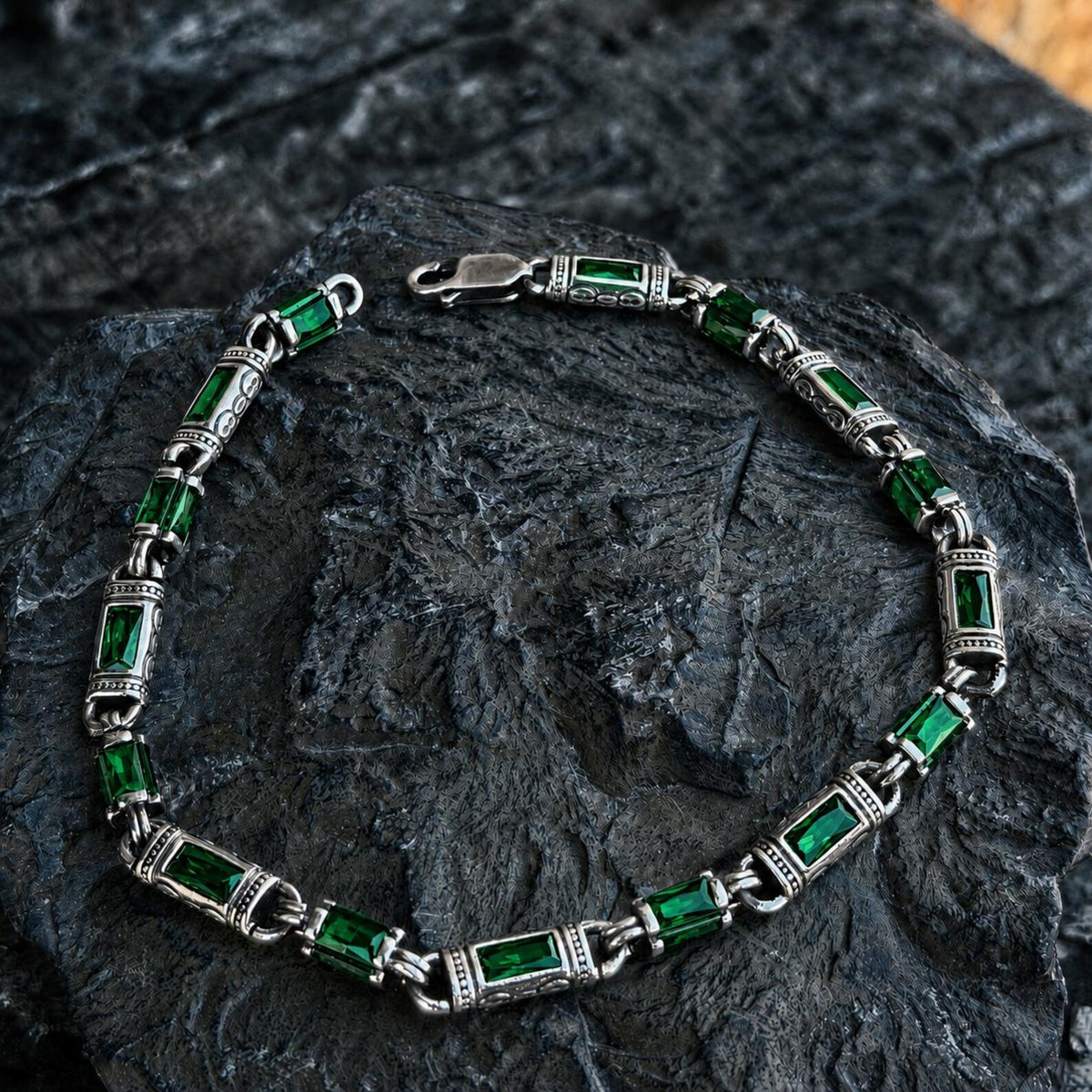 925 Silver Emerald Stone Chain Bracelet Baguette Gemstone Chain Bracelet