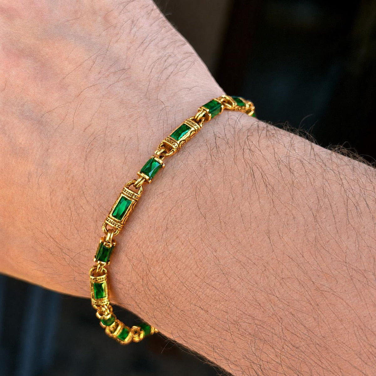 Gold Plated Emerald Engraved Luxury Baguette Emerald Stone Bracelet