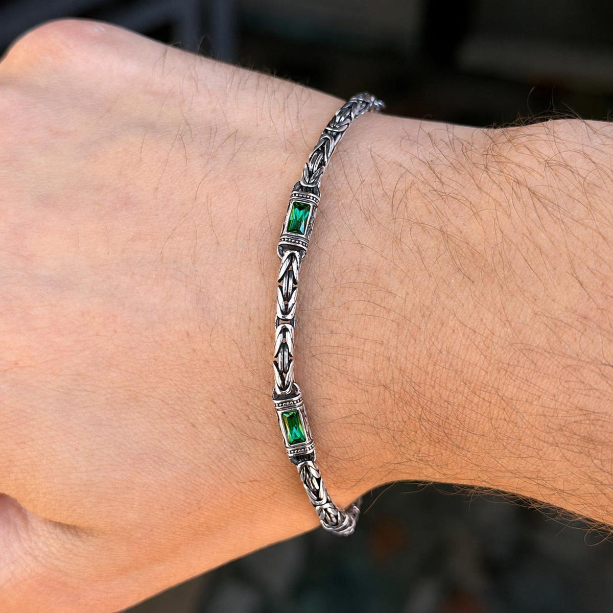925 Silver Emerald Stone King Chain Green Baguette Byzantine Chain Bracelet