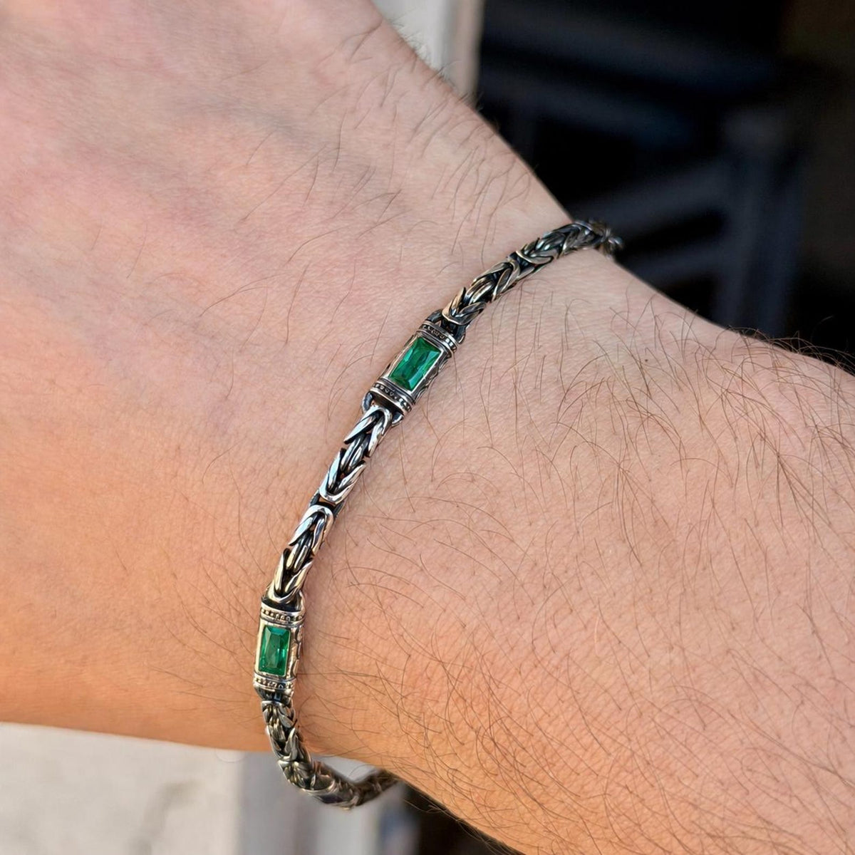 925 Silver Emerald Stone King Chain Green Baguette Byzantine Chain Bracelet