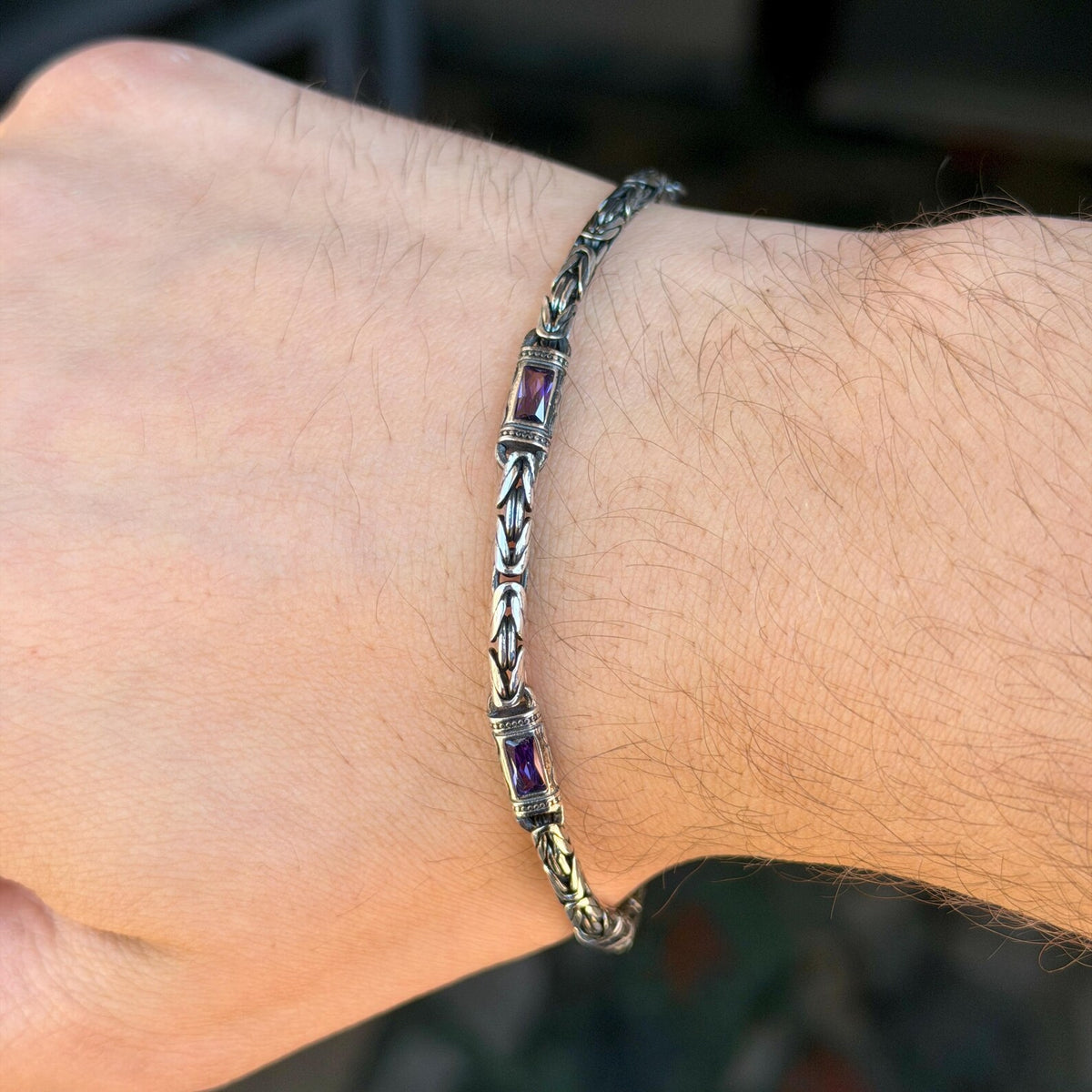925 Silver Amethyst Stone King Chain Baguette Gemstone Bali Chain Bracelet