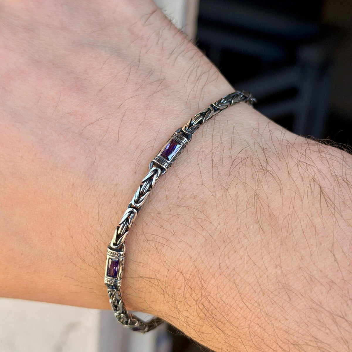 925 Silver Amethyst Stone King Chain Baguette Gemstone Bali Chain Bracelet