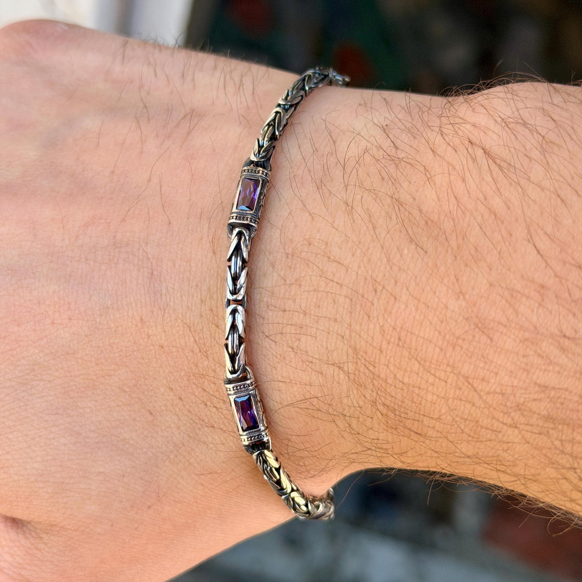 925 Silver Amethyst Stone King Chain Baguette Gemstone Bali Chain Bracelet