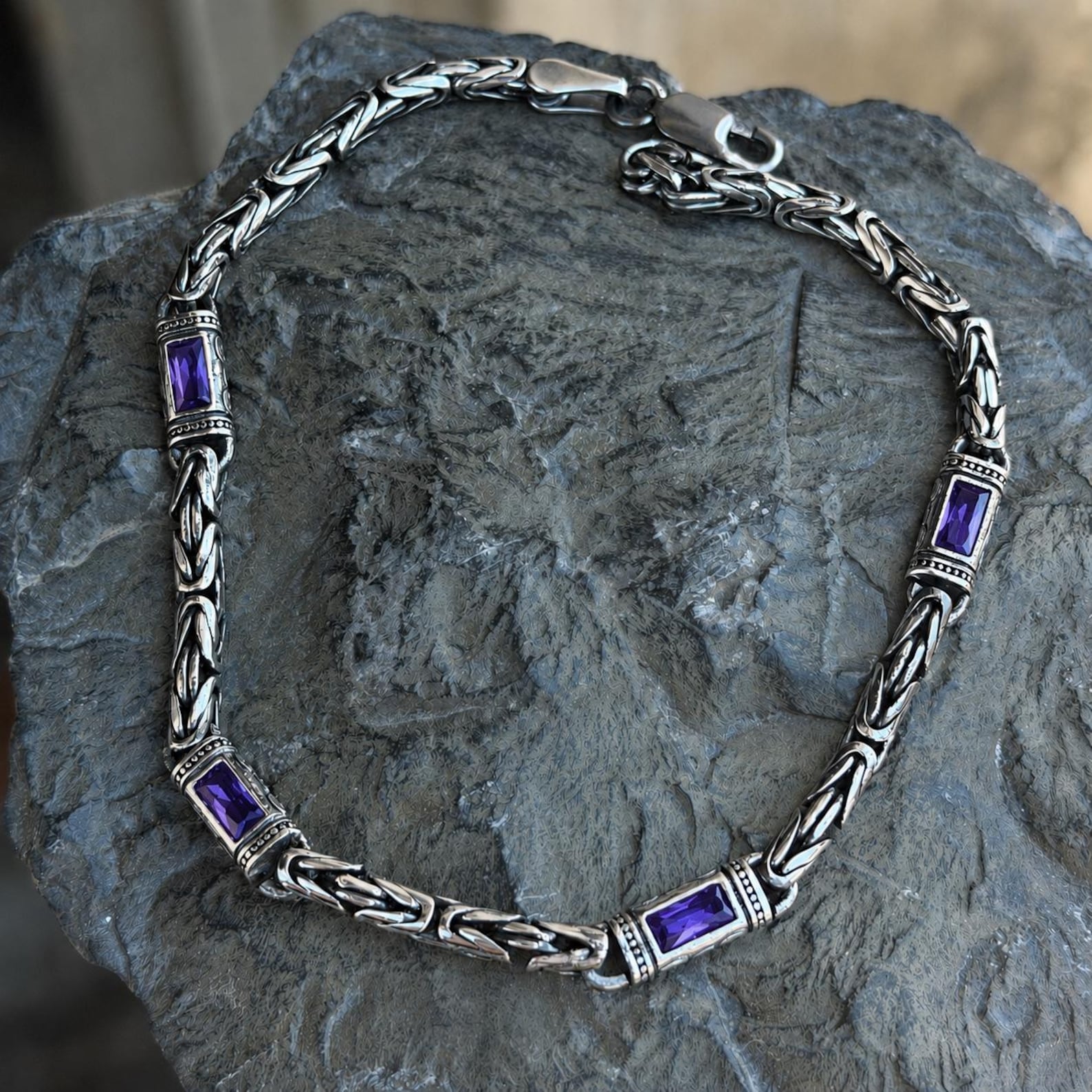 925 Silver Amethyst Stone King Chain Baguette Gemstone Bali Chain Bracelet