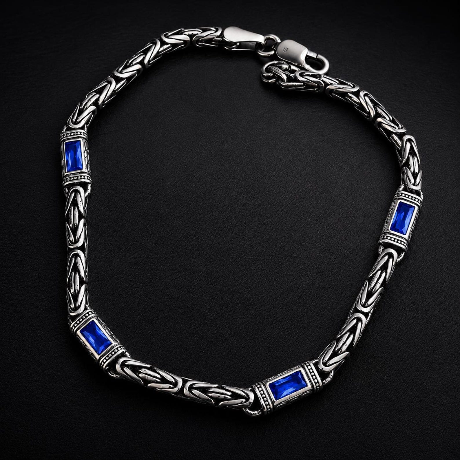 925 Silver Byzantine Sapphire Sapphire Bali Chain Link Bracelet