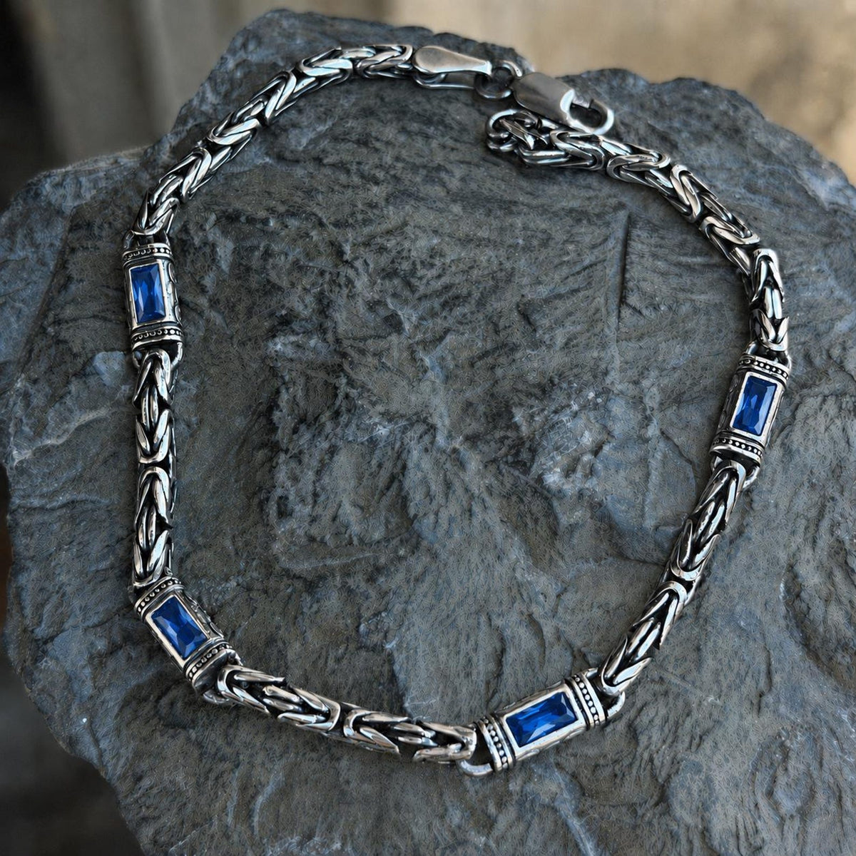 925 Silver Byzantine Sapphire Sapphire Bali Chain Link Bracelet