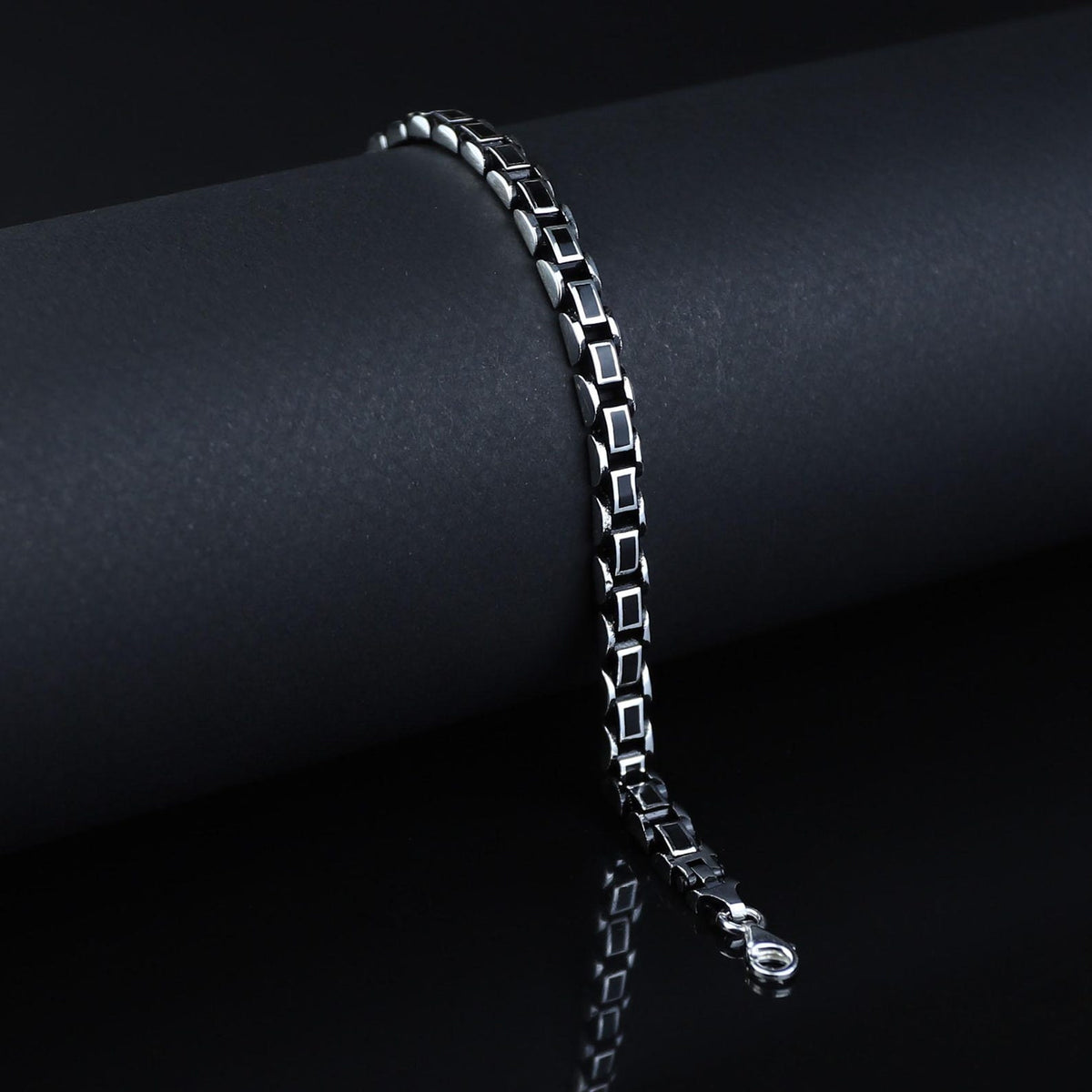 Men Silver Black Onyx Chain Bracelet Oxidized Men's Bracelet