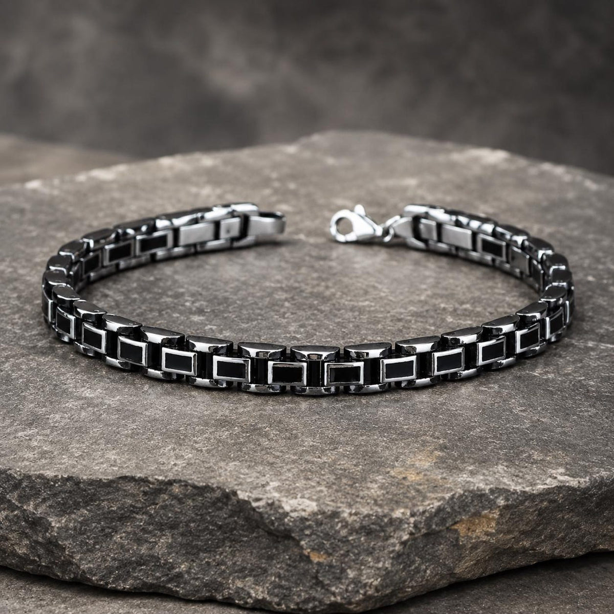 Men Silver Black Onyx Chain Bracelet Oxidized Men's Bracelet