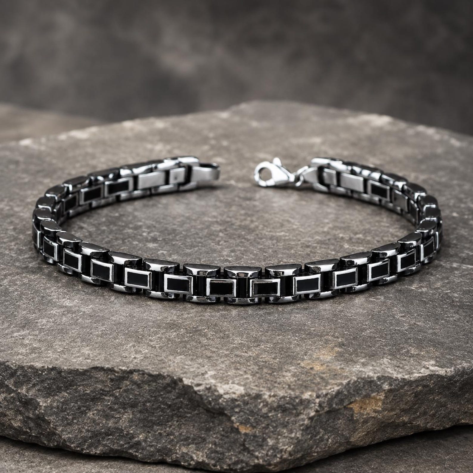 Men Silver Black Onyx Chain Bracelet Oxidized Men's Bracelet