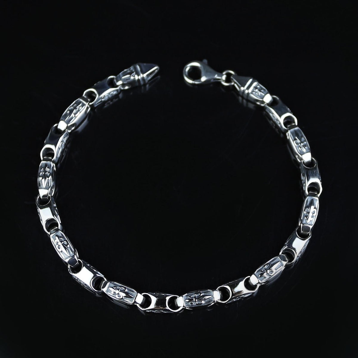 925 Men Silver Vintage Fleur-Fe-Lis Pattern Chain Engraved Chain Link Bracelet