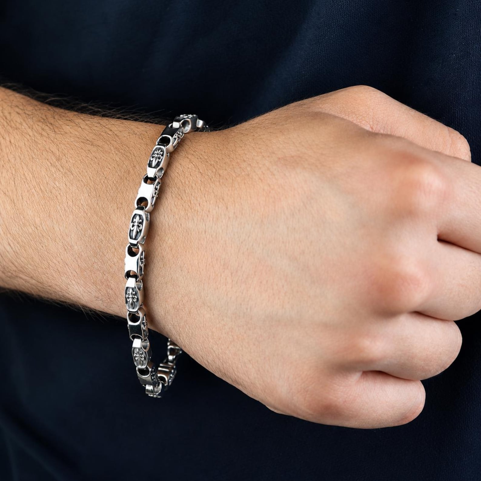 925 Men Silver Vintage Fleur-Fe-Lis Pattern Chain Engraved Chain Link Bracelet